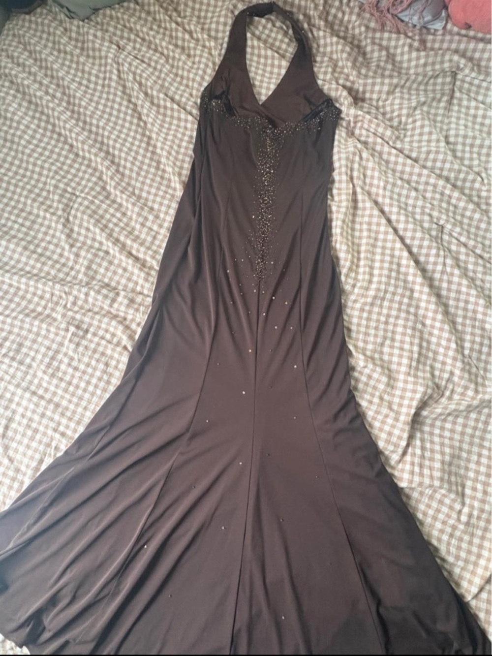 Vintage Y2K Niki Livas Brown Beaded Halter Formal Maxi Dress Gown Size 12